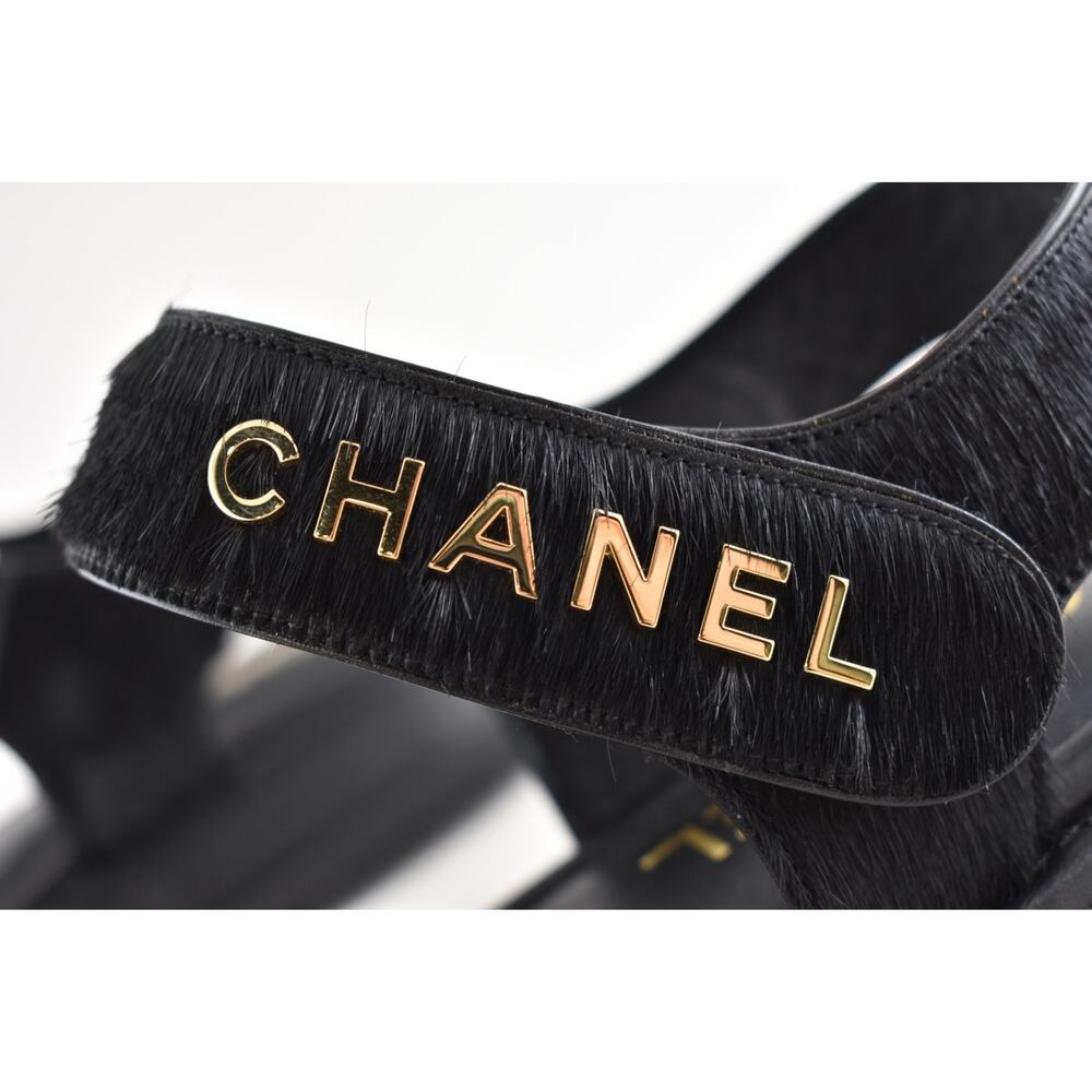 Chanel 24B Black Calf Hair Gold CC Logo Mule Slide Strap Flat Teva Dad Sandal 41 - Picture 16 of 16